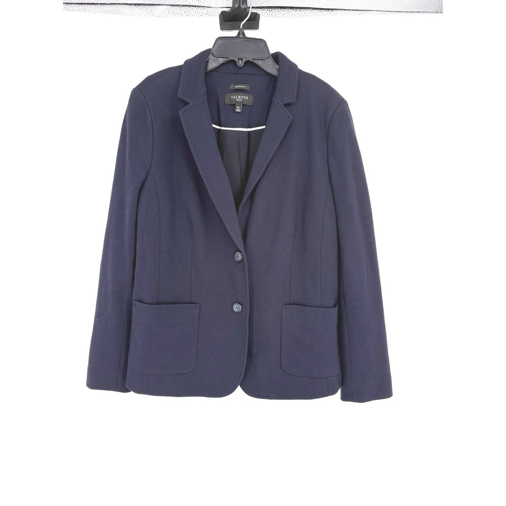 Talbots Blazer Women 16P Navy Blue Aberdeen Knit Cotton Blend Two Button Jacket